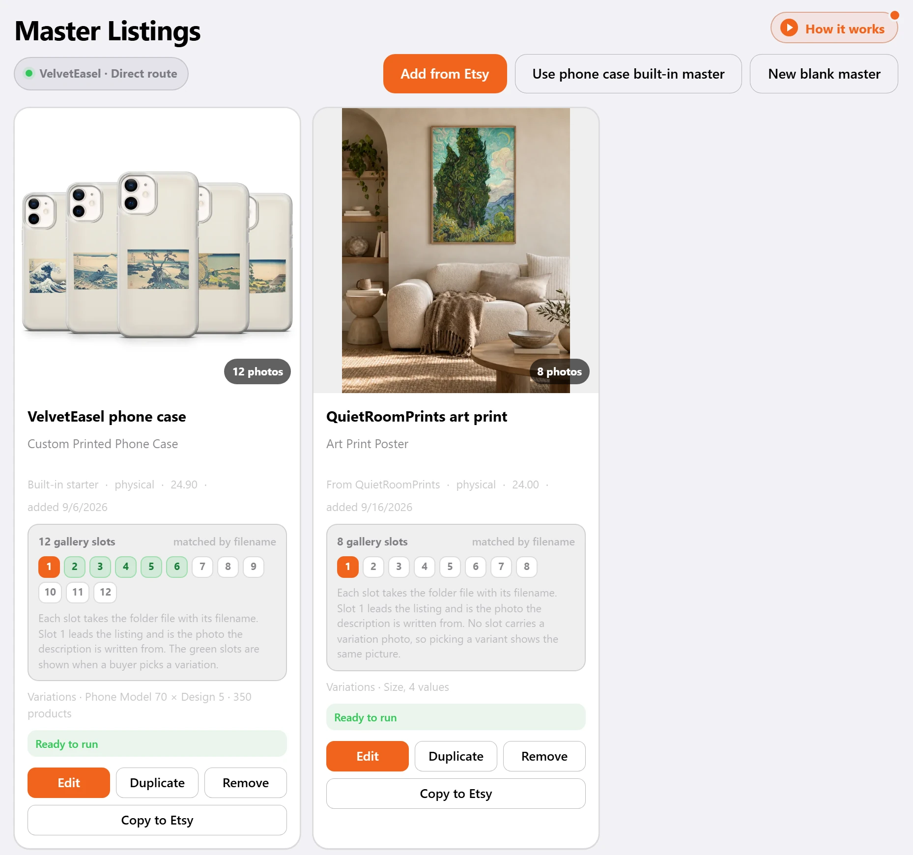 Master Listings: a phone case master and an art print master, each with its photos, price, gallery slots and variations