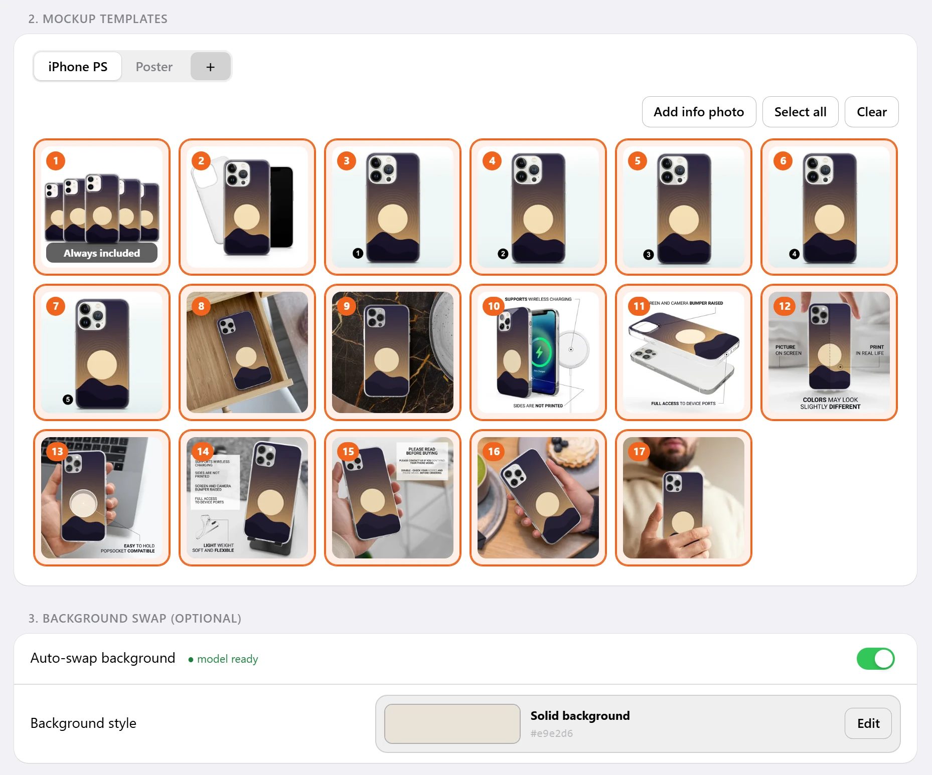 Mockup templates: 17 phone case scenes picked and numbered in photo order, and the background swap