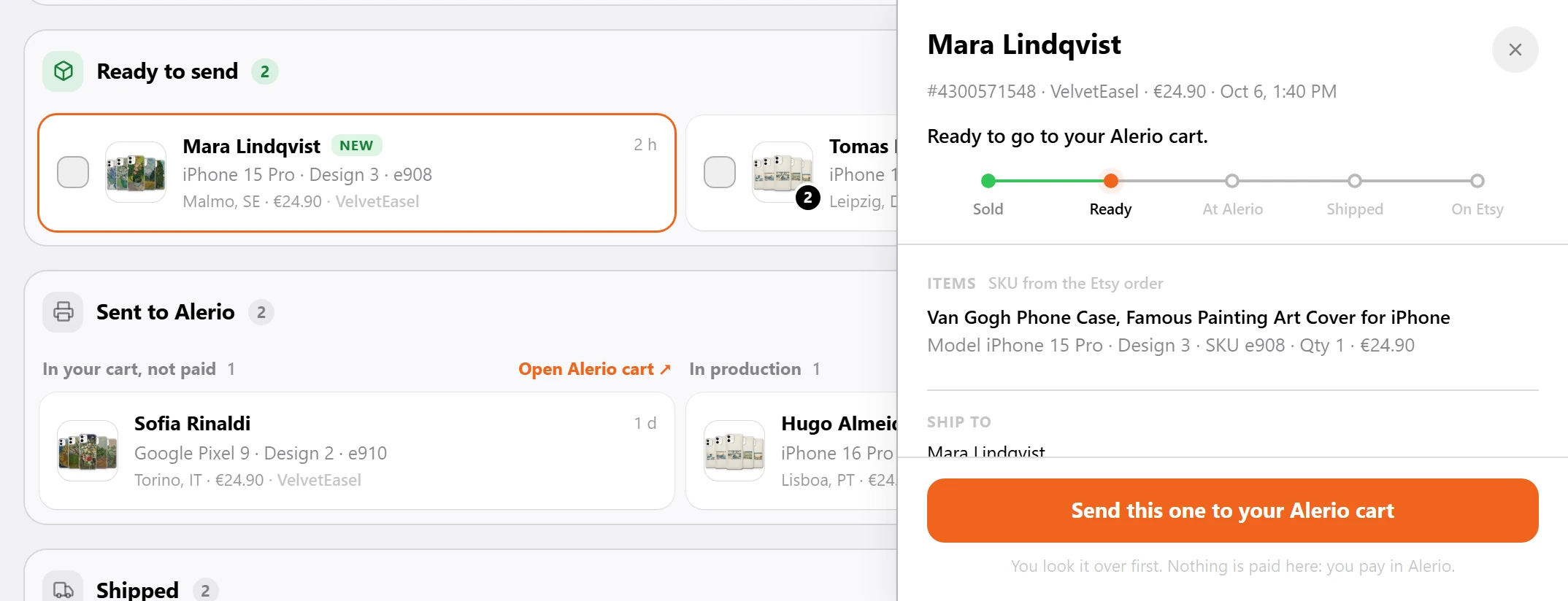 Auto Orders: an order ready to go to the Alerio cart, with orders already sent to Alerio and in production behind it