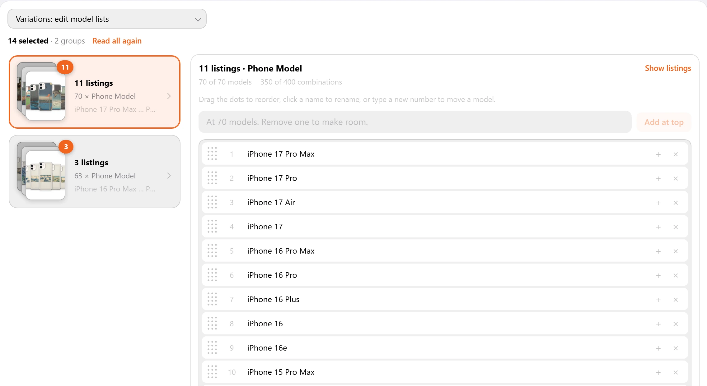 Bulk Edit, Variations: edit model lists. 14 listings in two groups; the 70 phone models of the first group in order.