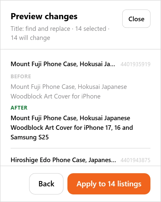 Preview changes before they save: each title before and after.