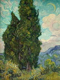 Photo 1: the artwork on its own, a poster mockup of Van Gogh's Cypresses