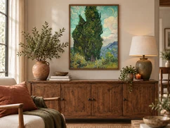Photo 9: framed above a walnut sideboard with a table lamp