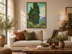 Photo 12: framed above a cream sofa with olive cushions