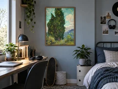 Photo 17: framed in a blue bedroom with a desk
