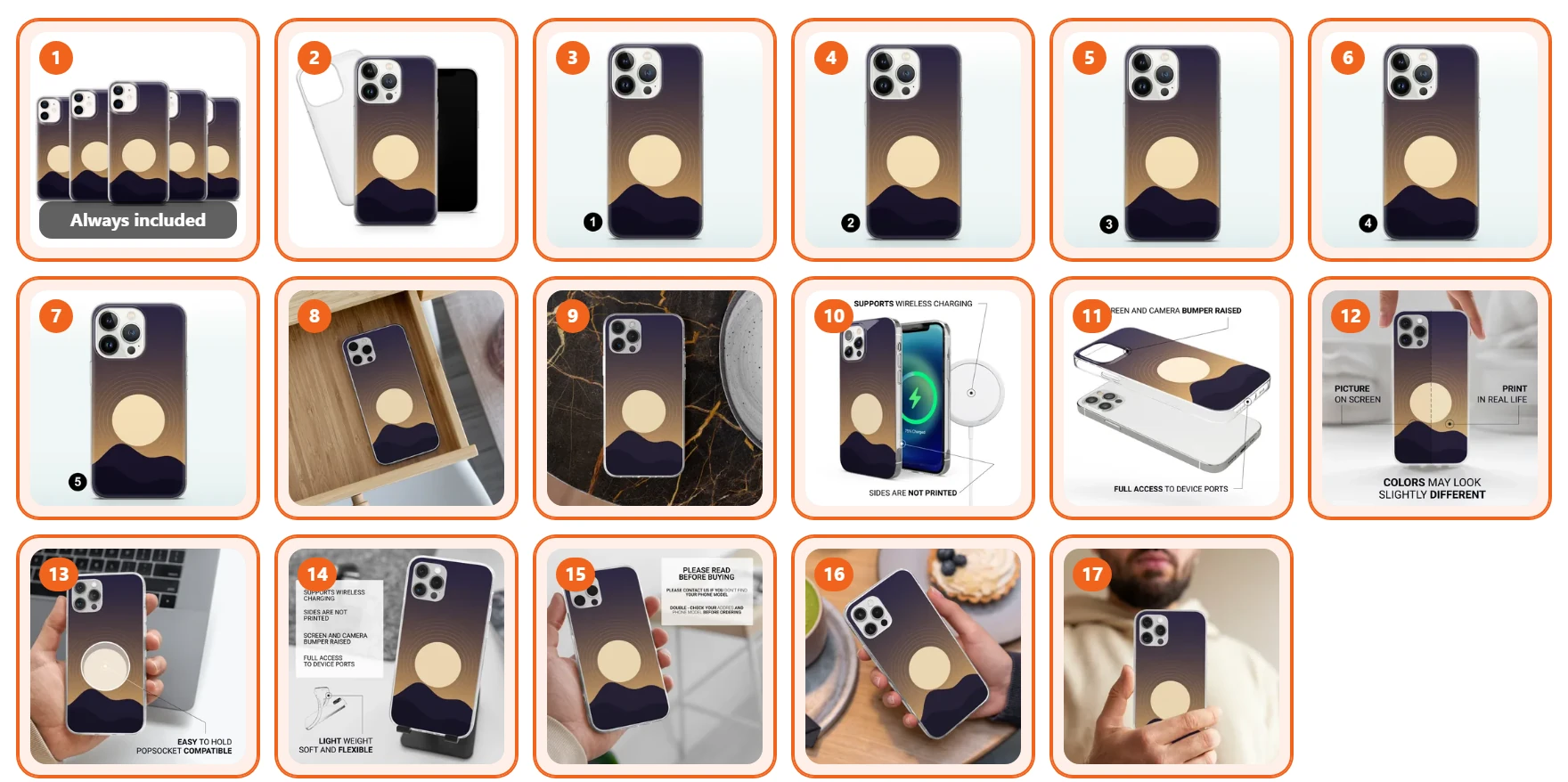 Create Mockups: 17 phone case templates numbered in photo order, from all five designs together to the case held in a hand