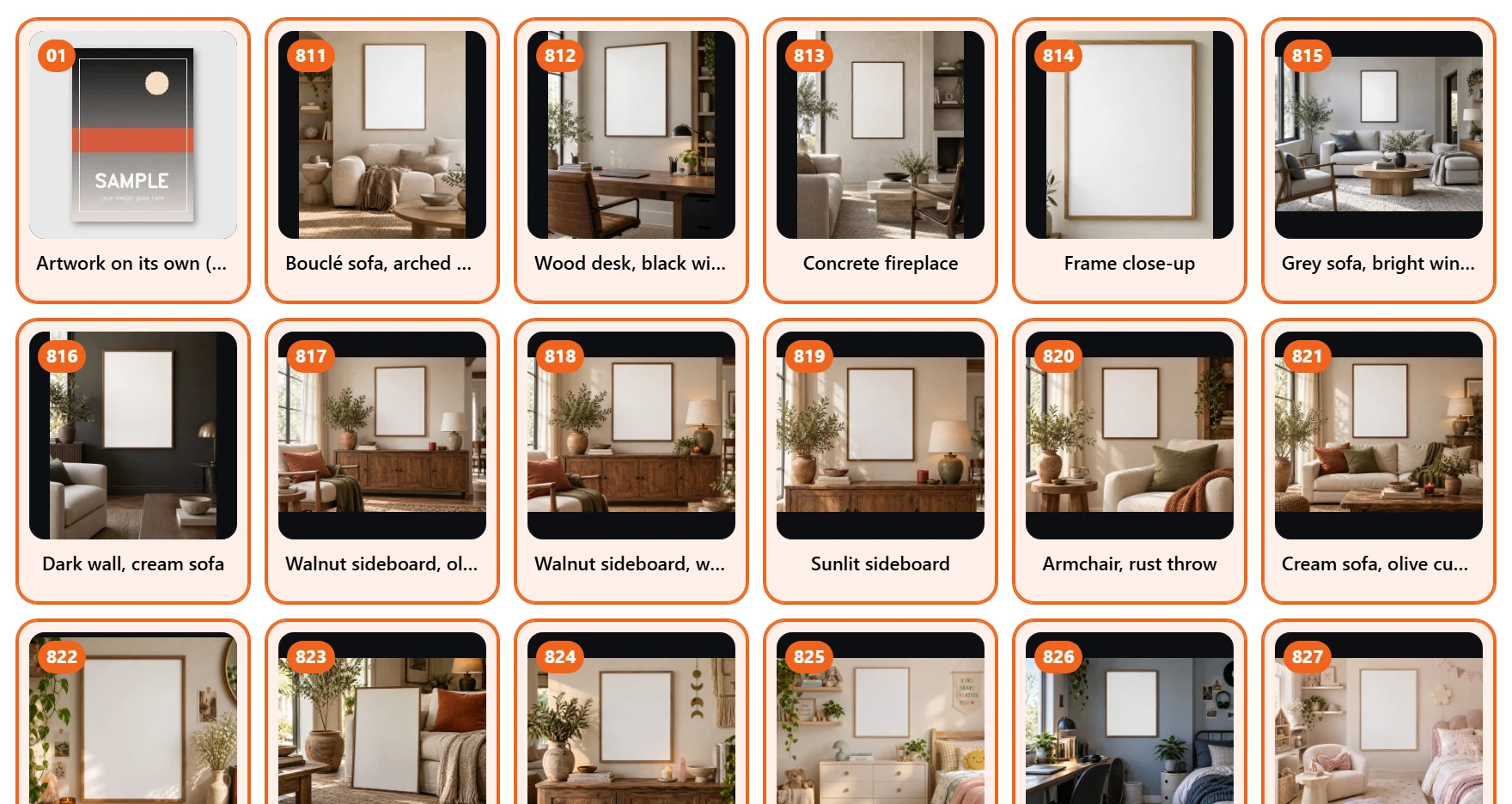Create Mockups, poster templates: the artwork on its own and room scenes such as a bouclé sofa, a wood desk, a concrete fireplace and walnut sideboards, numbered in photo order