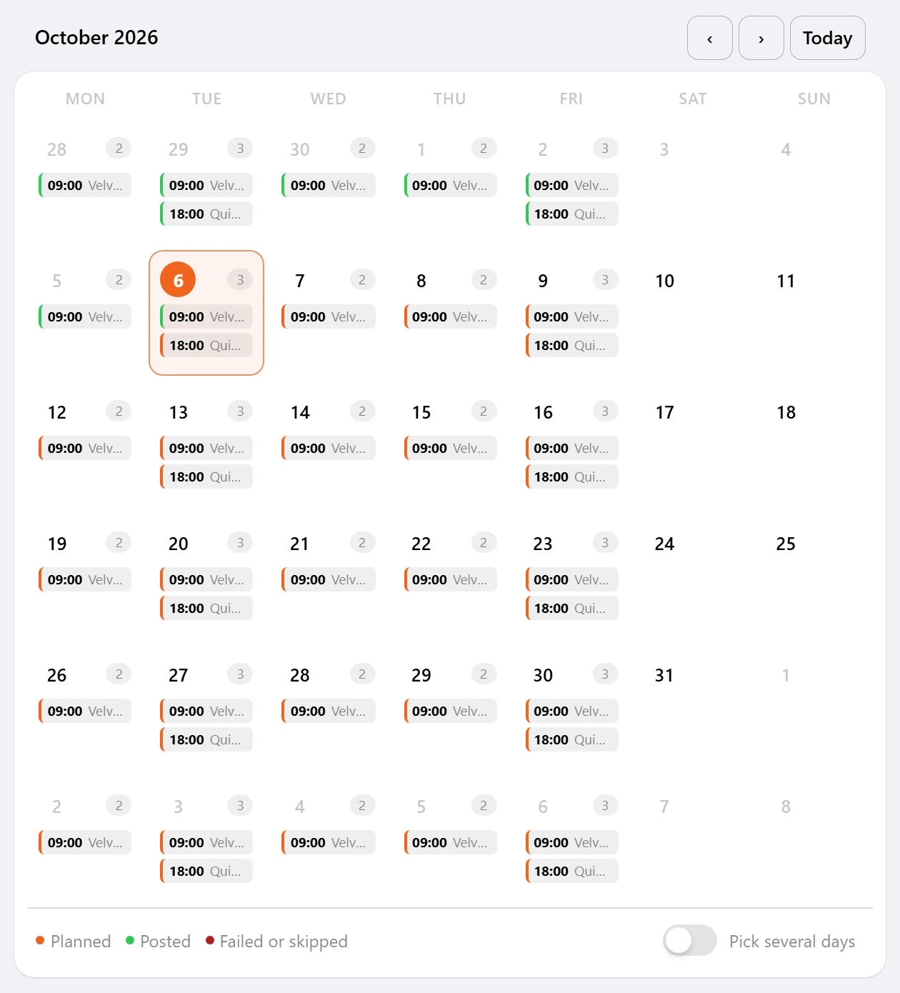 Listing Scheduler: October, with drafts planned at 09:00 on weekdays and posters at 18:00 twice a week.