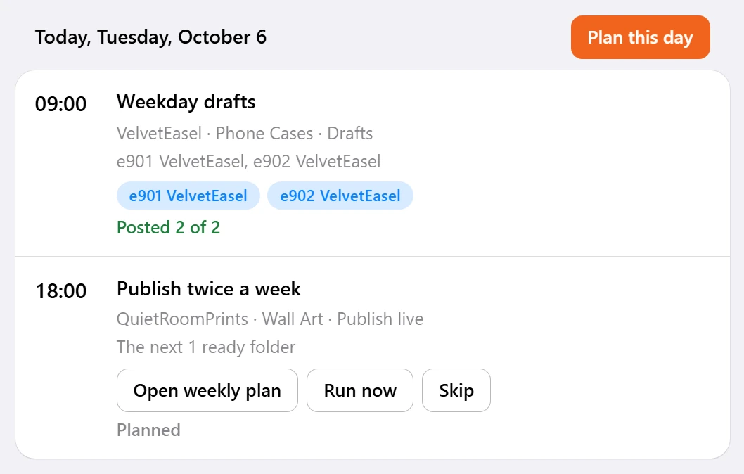 Today: Weekday drafts at 09:00, posted 2 of 2. Publish twice a week at 18:00, planned.
