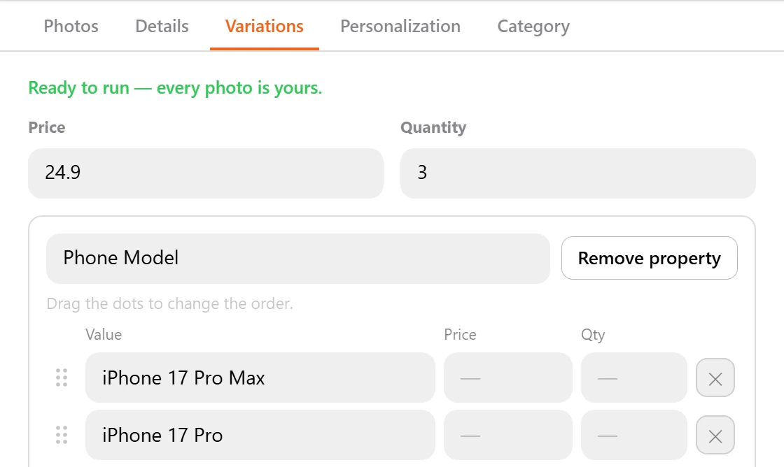 Edit master listing, with tabs for Photos, Details, Variations, Personalization and Category. Variations: Phone Model, iPhone 17 Pro Max, iPhone 17 Pro and on.