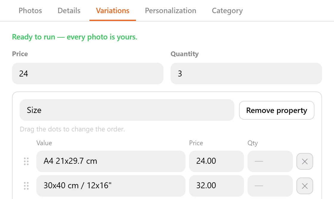 Edit master listing, with tabs for Photos, Details, Variations, Personalization and Category. Variations: Size, A4 at 24.00, 30x40 cm at 32.00 and on.