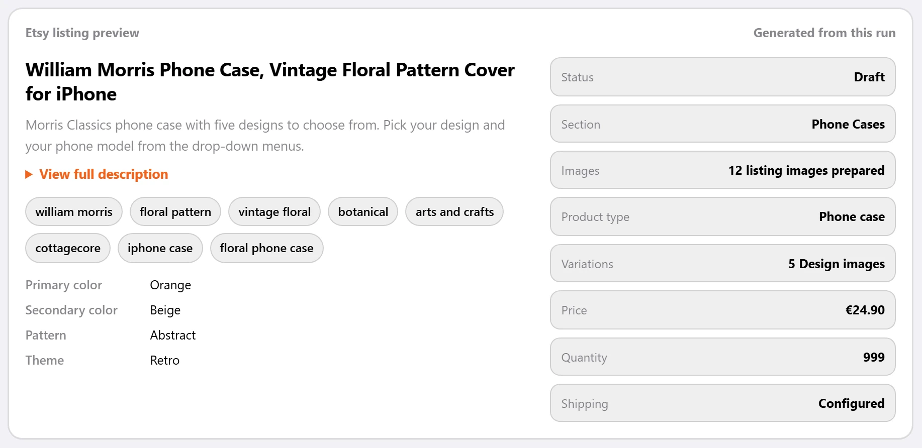 Etsy listing preview: the written title, description and tags, with status, price and shipping