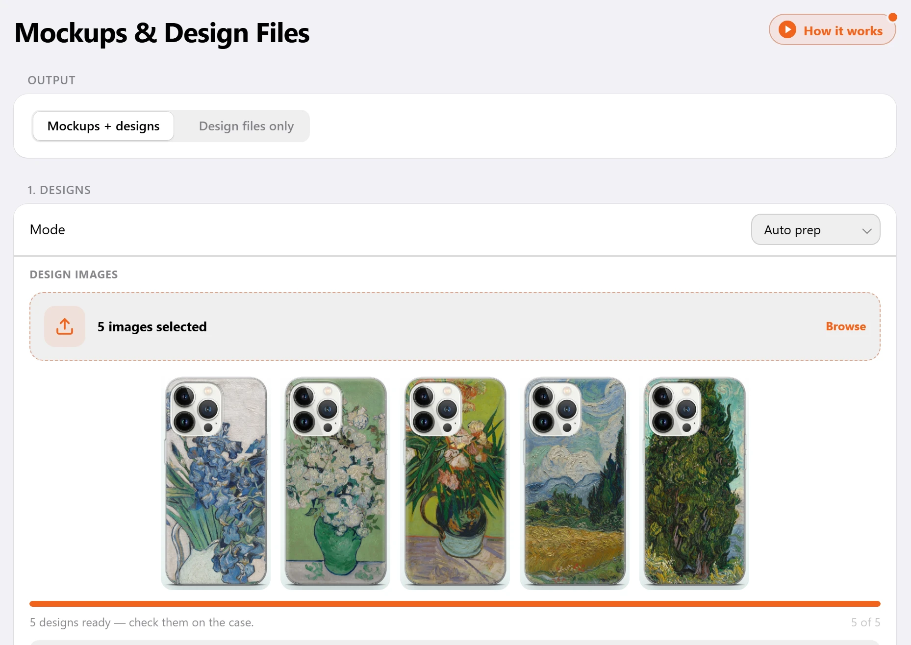 Create Mockups: five Van Gogh designs fitted to phone cases, ready to check