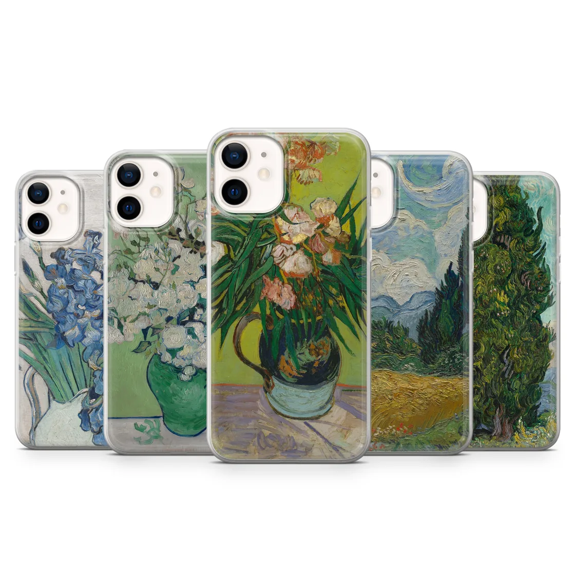 Photo 1 of an example listing: five Van Gogh flower designs on phone cases